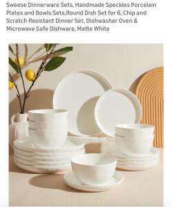 18 Pcs Sweese Dinnerware Set (Matte White), Handmade Speckles Porcelain Plates and Bowls Sets