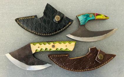Unique Multicolored Ulu Knife with Leather Sheath, Stainless Steel Blade
