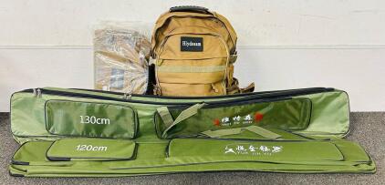 (2) Hiydosam Backpacks (Desert Brown) and (2) Fish Rod Carriers (120/130 CM)
