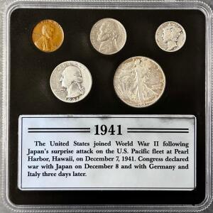 1941 United States Coin Set, Presented In Display Case With Historical Context