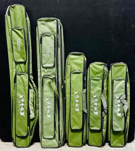Yue Jin Yu Fishing Rod Bags Set (5 Total), Green, Various Lengths, Zipper Closure, Multiple Pockets.