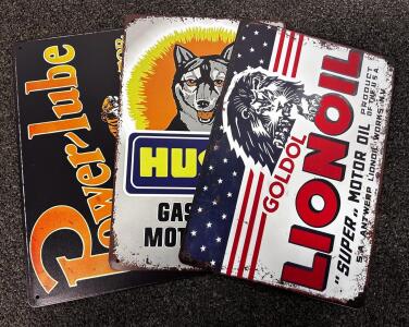 Vintage-Style Metal Signs: Power-Lube, Husky, Lion Oil
