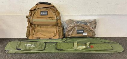 (2) Hiydosam Backpacks (Desert Brown) and (1) Fish Rod Carrier (125 CM)