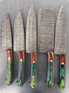 Damascus Steel Kitchen Knife Set, 5-Piece, Unique Wood Handles