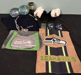 Seahawks Lot (1) Pair Boots Size Small 5-6 Women&rsquo;s (1) Pair of Scrub Pants Size Small (1) Coffee Mug And More