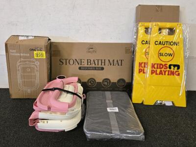Stone Bath Mat, Baby Folding Bathtub Pink, (2) Caution Kids Signs, Large Pet Carrier