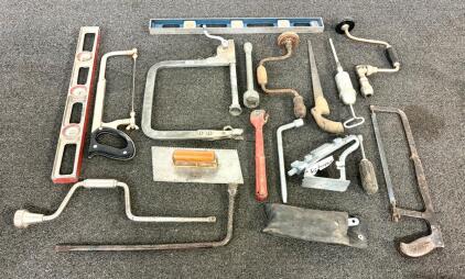 Assortment Of Various Handheld Tools Including Levels, Vintage Great Neck Hacksaw, (1) Vintage Craftsman Crank-Style Valve Spring Compressor
