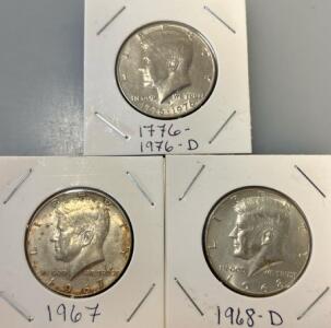 (3) John F. Kennedy Half Dollar Coins (1) Bicentennial