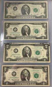 (4) US $2 Bills, In Protective Sleeves For Collecting Purposes