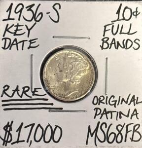 1936-S MS68FB RARE KEY DATE GEM MERCURY .10c