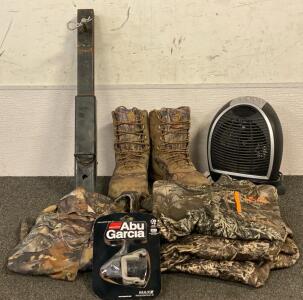Hunting Realtree And Kings Camo (Sizes L-XL), Lacrosse Camo Boots (Size 12), Pelonis Heater, Hitch, Abu Garcia Fishing Reel