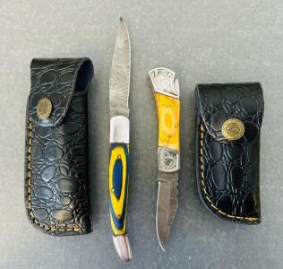 Damascened Steel Folding Knives with Wood Handle and Leather Sheath