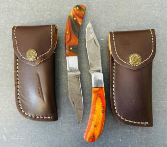 Damascus Steel Folding Knives with Multi-Colored Handles, Leather Sheaths