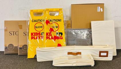 (2) Stone Bath Mats (Dark Gray/ Matte White), (2) Kids Playing Double Sided Caution Signs, Pet Carrier, Set Of Three Wall Art Canvas Pictures and Collapsible Storage Bag