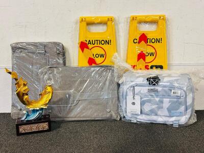 2- Kids Playing Double Sided Caution Signs, (2) Pet Carrier Bags, Ranger DSLR Sling Bag, and Gold Fish Decor Figure