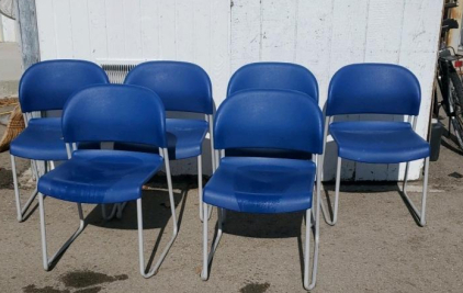 Blue Stackable Chairs, Plastic, Metal Frame, Set of 6