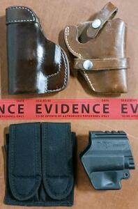 (2) Leather Pistol Holsters, (1) XP-Gear Plastic Pistol Holster & (1) Double Magazine Belt Holder