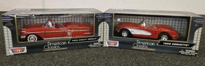 (2) Motormax American Classics 1:24 Scale Die-Cast Metal Collectible Model Cars: 1958 Chevy Impala & 1959 Corvette