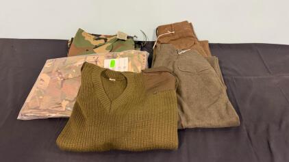 (2) US Military Dress Pants (1) US Military Wool Sweaters & (2) Camo Rain Pants