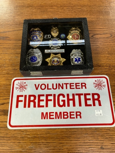 Badge Set in Shadow Box and Volunteer Firefighter Plate