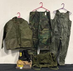 Military Water Proof Jacket, Pants And Coveralls Size M, Felt Insoles, Shoelaces and Size 6.5 R Voodoo Tactical Military Boots