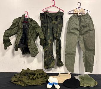 Military Waterproof Jacket And Pants Size Medium, Boot Liners, Military Beret And Backpack