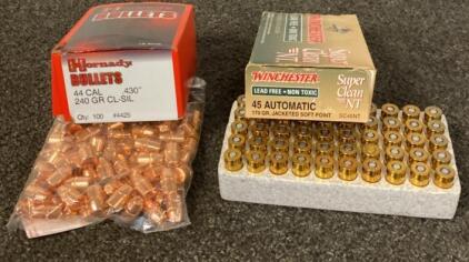 44 Cal. and 45 Auto - Hornady 44 CAL. 240 Grain (100 Rounds) - Winchester 45 Automatic 170 Grain (50 Rounds)