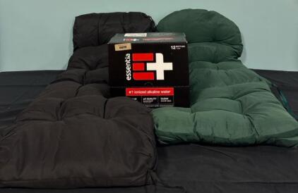 (1) Green Lounge Chair Pad 45&rdquo;Lx23&rdquo;W (1) Bkack Lounge Chair Pad 49&rdquo;Lx18&rdquo;W And (1) 12 Bottle Pack of Essentia Ionized Alkaline Water
