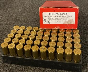 .45 Long Colt 250 Grain Ammo, Lead Round Nose Flat Point, 50 Rounds, Brass Case, Factory New Ammo, Box Condition: Good.