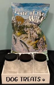 (1) 28 LB Bag Taste Of Wild Dog Food Smoked Salmon And 3 Piece Dog Treat Containers With Labels