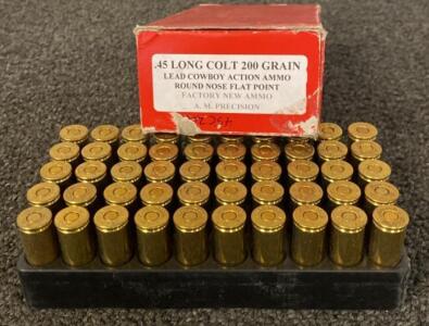 .45 Long Colt 200 Grain Ammo, Lead Round Nose Flat Point, 50 Rounds, Brass Case, Factory New Ammo, Box Condition: Good.