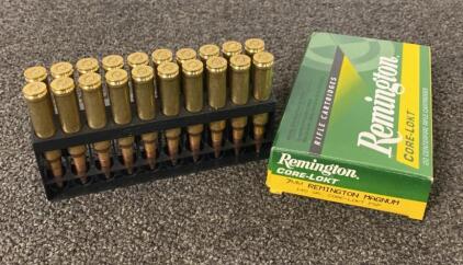 Remington Core-Lokt 7mm Magnum 140 Grain Rifle Cartridges, featuring a Core-Lokt PSP bullet type, 20 cartridges per box, dimensions approximately 6 x 3 x 1 inches, weight approximately 1.5 lbs.