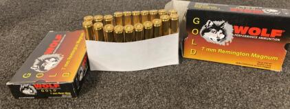 (2) Wolf 7mm Remington Magnum Ammo, 160gr PSP BT, Brass Case, Non-Corrosive, Quantity Per Box: 20 rounds, Country of Origin: Russia.