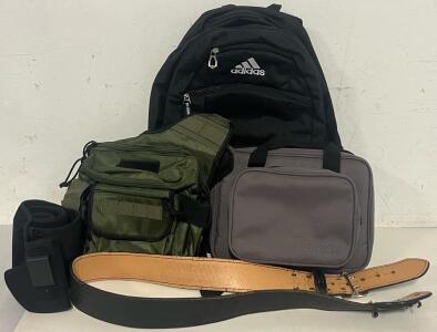 Adidas Backpack, Cabelas Bag, Smith & Wesson Bag, Comfort Tac Carry Strap, Leather Belt & Galco Holster