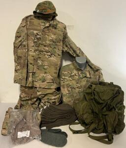 Military Clothing & Gear Set Including Tops & Pants, Military Pack, Gloves, Hat, Socks & More