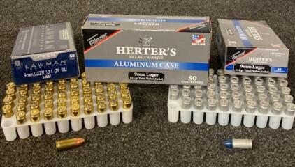 (2) Herters Select Grade 115 Grain (1) Speer Lawman 124 Grain - 9mm Luger (50 Rounds Per Box