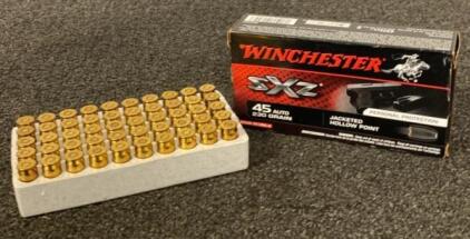 Winchester SXZ 45 Auto Jacketed Hollow Point 230 Grain, Jacketed Hollow Point, Box, Personal Protection, Made in USA.