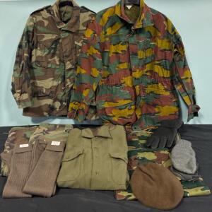 Military Uniform Set, Woodland & Belgian Jigsaw Camo, Multiple Items Sizes Small and Large Uniforms.
