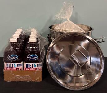 (8) Bottles Ocean Spray Diet 5 Cran-Cherry Juice (1) Large Sotck Pot (1) Package of 300 Paper Plates