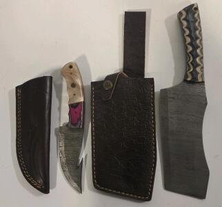 (2) Custom Damascus Steel Blades, Clean Style And Gut-Hook Skinner