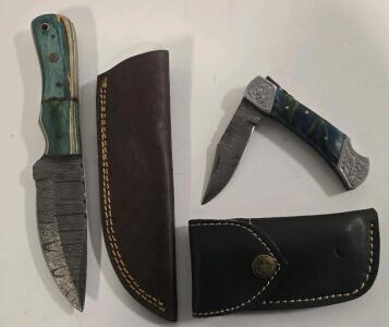 (2) Custom Damascus Steel Knives- Hunter/Skinner And Locking Pocket Knife