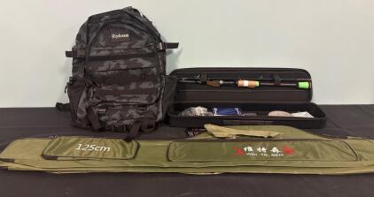 (1) Hiydosam Camo 18.5&rdquo; Hiking Backpack (1) Wei Te Sen Fishing Pole Bag 125CM (1) Sougayilang Fishing Rod With Carrying Case