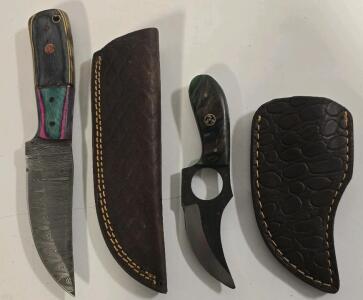 (2) Custom Steel Hunting Knives- Damascus Skinner, Carbon Steel Finger Grip