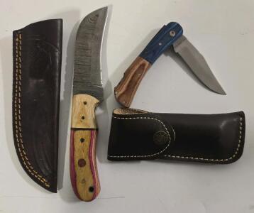 (2) Custom Knives, Stainless Pocket Knife, Damascus Steel Custom Blade