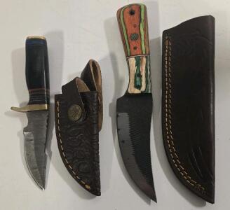 (2) Custom Hunting/Skinning Knives, (1) Damascus And (1) Carbine Steel