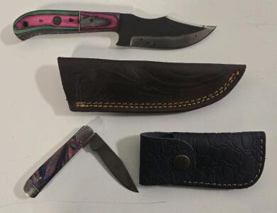 (2) Custom Steel Knives- (1) Carbon Steel Skinning Knife, (1) Damascus Folding Pocket Knife