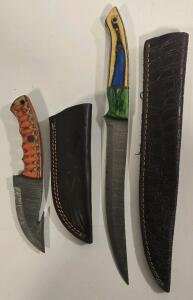 (2) Damascus Steel Custom Knives- Gut-Hook And Filet Styles