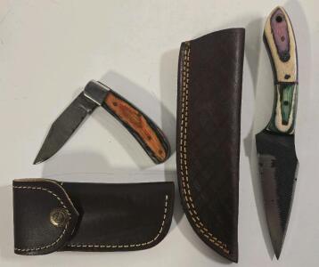 (2) Custom Steel Knives- (1) Folding Damascus Pocket Knife, (1) Carbon Steel Unique "Dagger Point" Knife