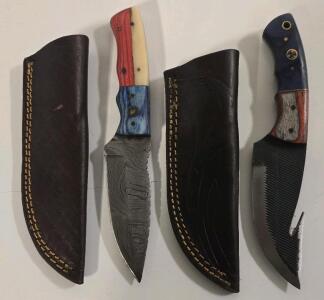 (2) Custom Hunting/Skinning Knives- Carbon Steel Gut-Hook Style, Damascus Steel Straight Blade