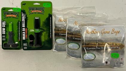 (2) Primos Elk Calls, Imaka Da Bullcrazy Elk Call & Cow Girl Elk Call, & (3) 72&rdquo; Game Bags
